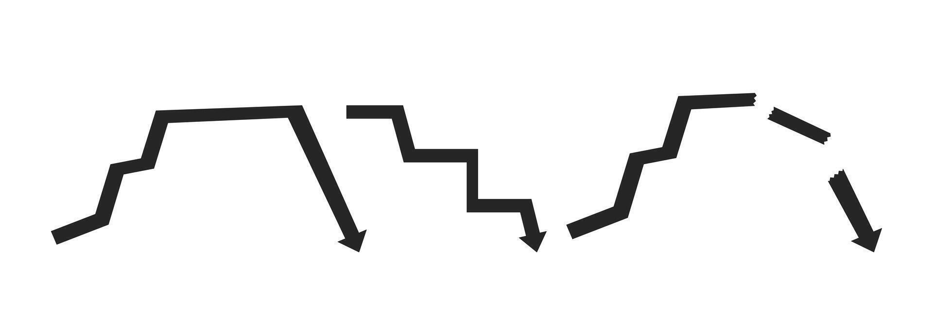 Falling financial arrows jagged downward 2D ink filled objects set. Economic decline, market crisis. Recession isolated cliparts black and white items. Monochrome spot illustrations collection vector