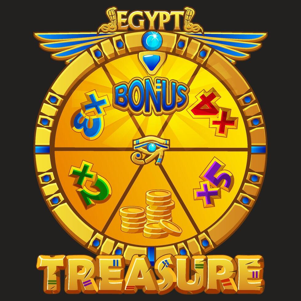 Wheel of fortune in Egyptian style for UI game, slots and casino. Icons on separate layers Egyptian treasure. Spinning and winning award or BONUS. vector