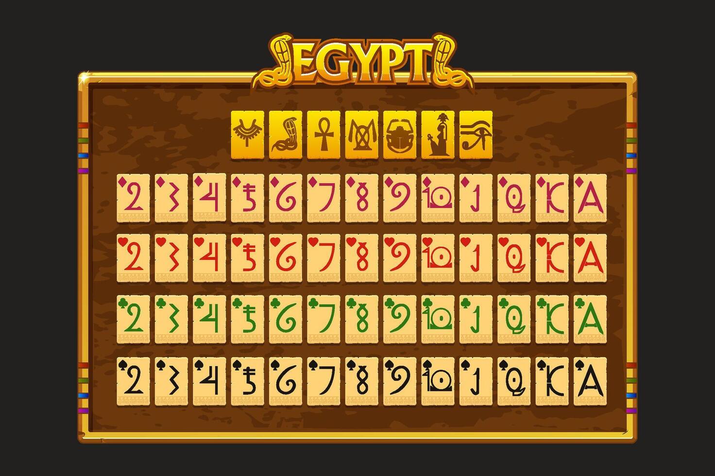 Egyptian Full deck of playing cards on Border in Egyptian themed. Background for game, slots, solitaire or game assets. Egyptian game frame. Each card on a separate layer. vector