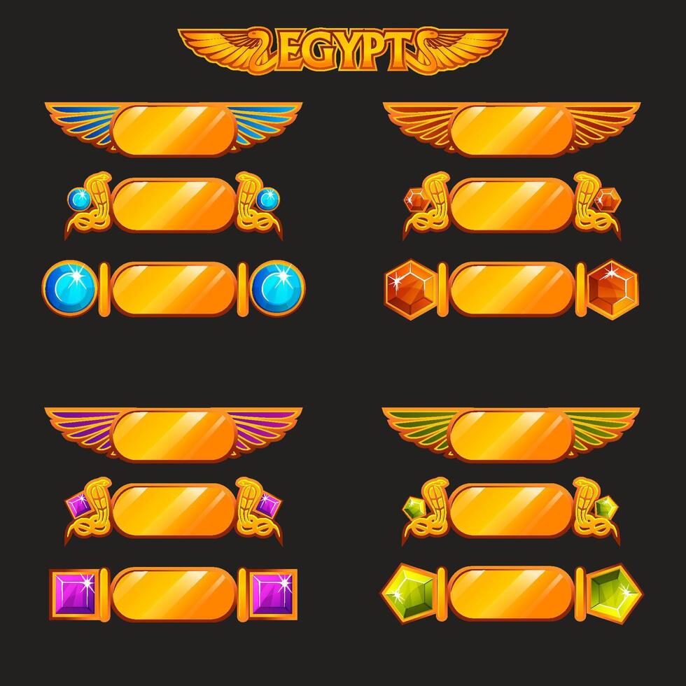 Egyptian game ui icon of border or buttons with wings. Cartoon set of treasure ancient. Egypt frame asset made of gold with gem stones for game development vector