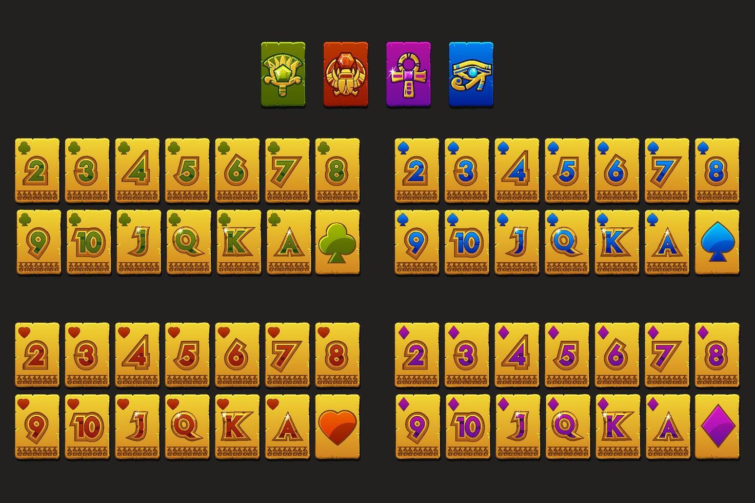 Egyptian Full deck of playing cards. Set with isolated golden cards for Poker or Solitaire game UI. Each card on a separate layer. vector