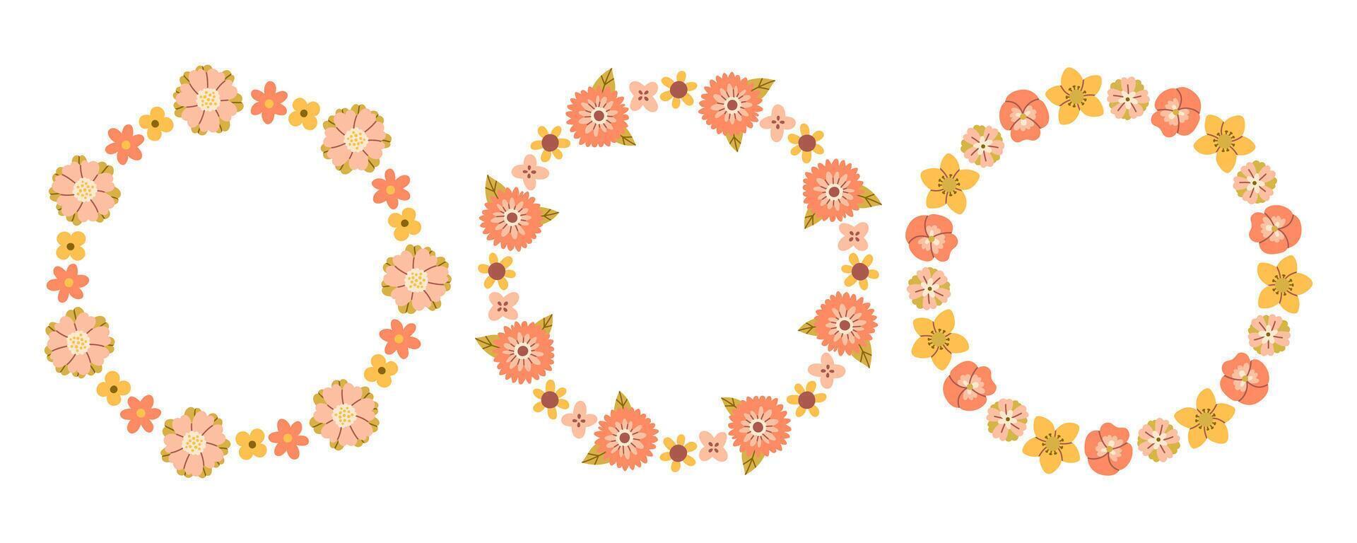 Spring pink flower circle frame set. Floral circle frame. Hand drawn botanical round border, laurel, wreath with branches, leaves and flowers illustration for wedding invitation, card, logo vector