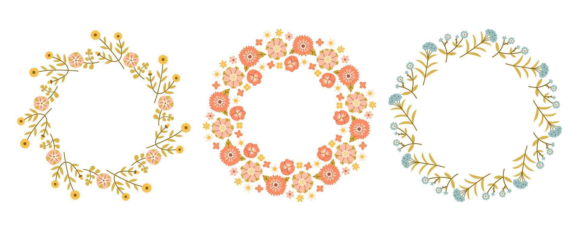Simple spring flower circle frame set. Floral circle frame. Hand drawn botanical round border, laurel, wreath with branches, leaves and flowers illustration for wedding invitation, card, logo vector