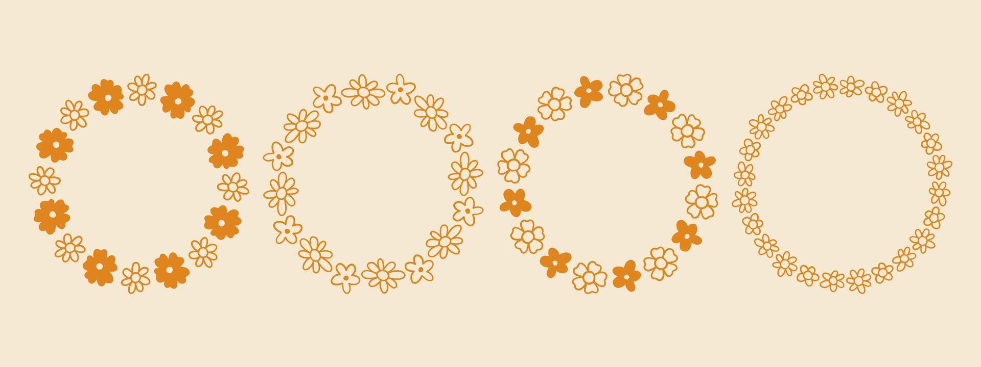 Flower circle frame set. Hand drawn yellow round line border, leaves and flowers, wedding invitation and cards, logo design and posters template. Elegant minimal style floral isolated set vector