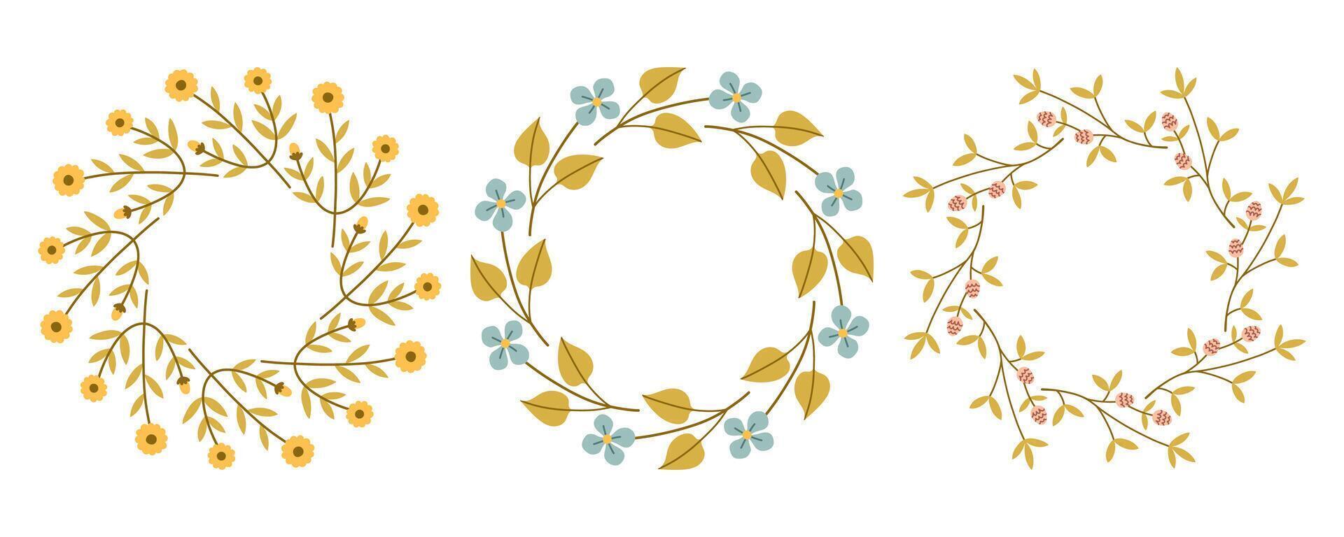 Spring cute flower circle frame set. Floral circle frame. Hand drawn botanical round border, laurel, wreath with branches, leaves and flowers illustration for wedding invitation, card, logo vector