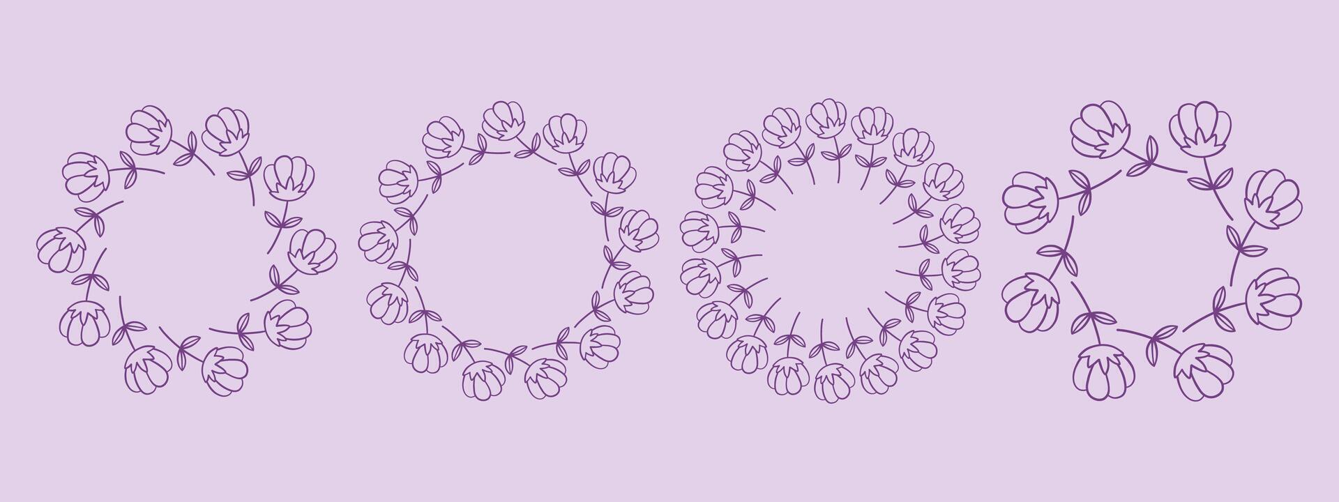 Simple flower circle frame set. Hand drawn purple round line border, leaves and flowers, wedding invitation and cards, logo design and posters template. Elegant minimal style floral isolated set vector