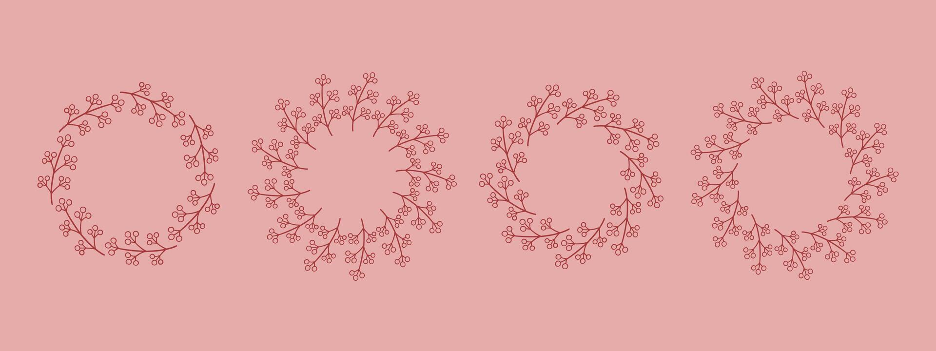 Simple red flower circle frame set. Hand drawn red round line border, leaves and flowers, wedding invitation and cards, logo design and posters template. Elegant minimal style floral isolated set vector