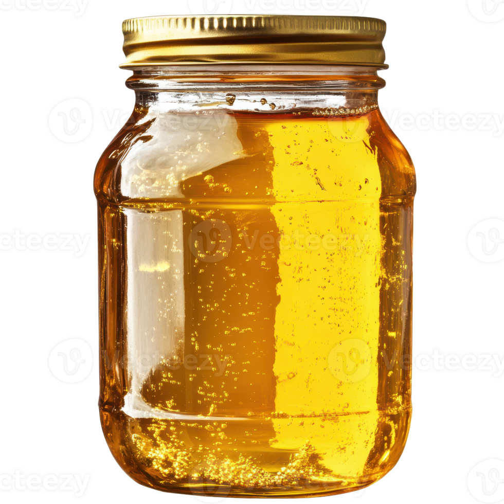 Golden honey glistens inside a clear jar its sweet allure sealed by a tight golden lid against a stark transparent backdrop A natural treasure png