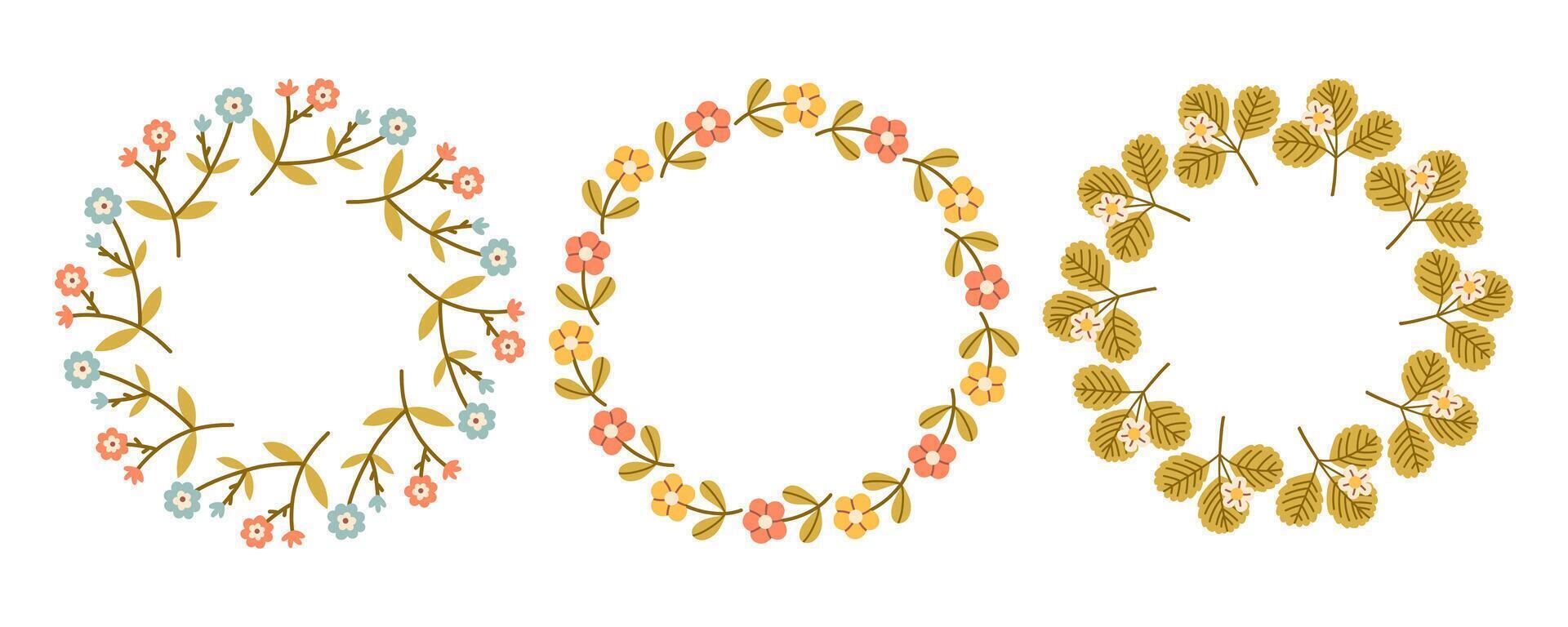 Simple flower circle frame set. Floral circle frame. Hand drawn botanical round border, laurel, wreath with branches, leaves and flowers illustration for wedding invitation, card, logo vector