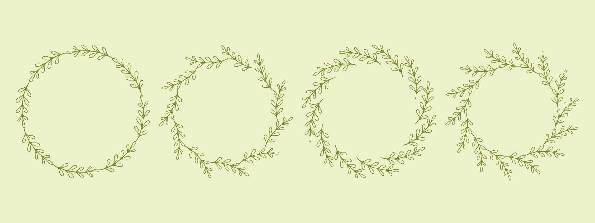 Simple flower circle frame set. Hand drawn green round line border, leaves and flowers, wedding invitation and cards, logo design and posters template. Elegant minimal style floral isolated set vector
