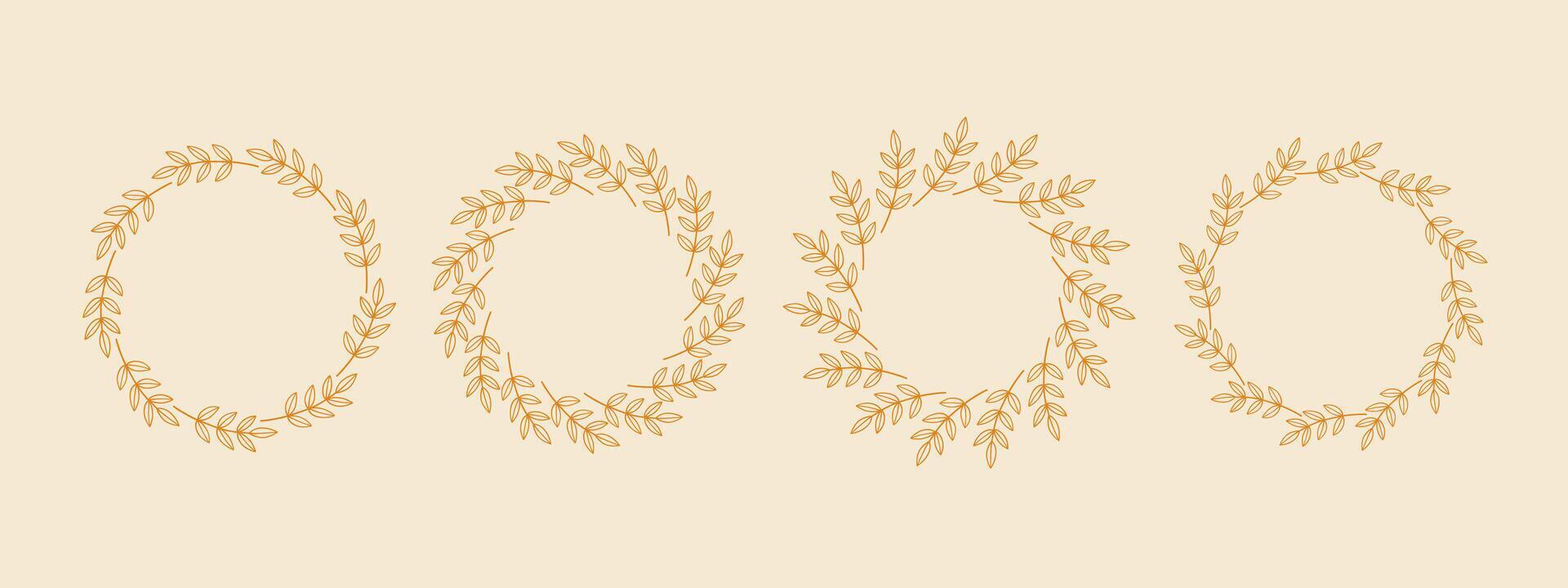 Simple yellow flower circle frame set. Hand drawn round line border, leaves and flowers, wedding invitation and cards, logo design and posters template. Elegant minimal style floral isolated set vector