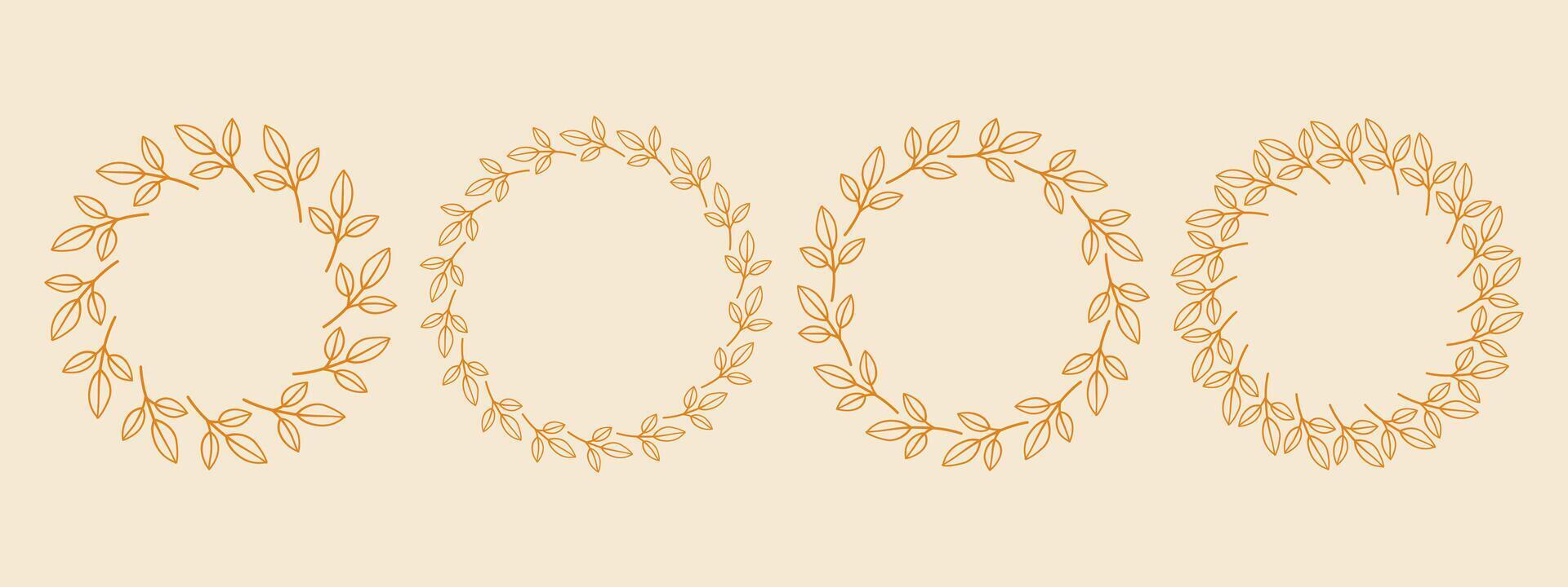 Yellow flower circle frame set. Hand drawn yellow round line border, leaves and flowers, wedding invitation and cards, logo design and posters template. Elegant minimal style floral isolated set vector