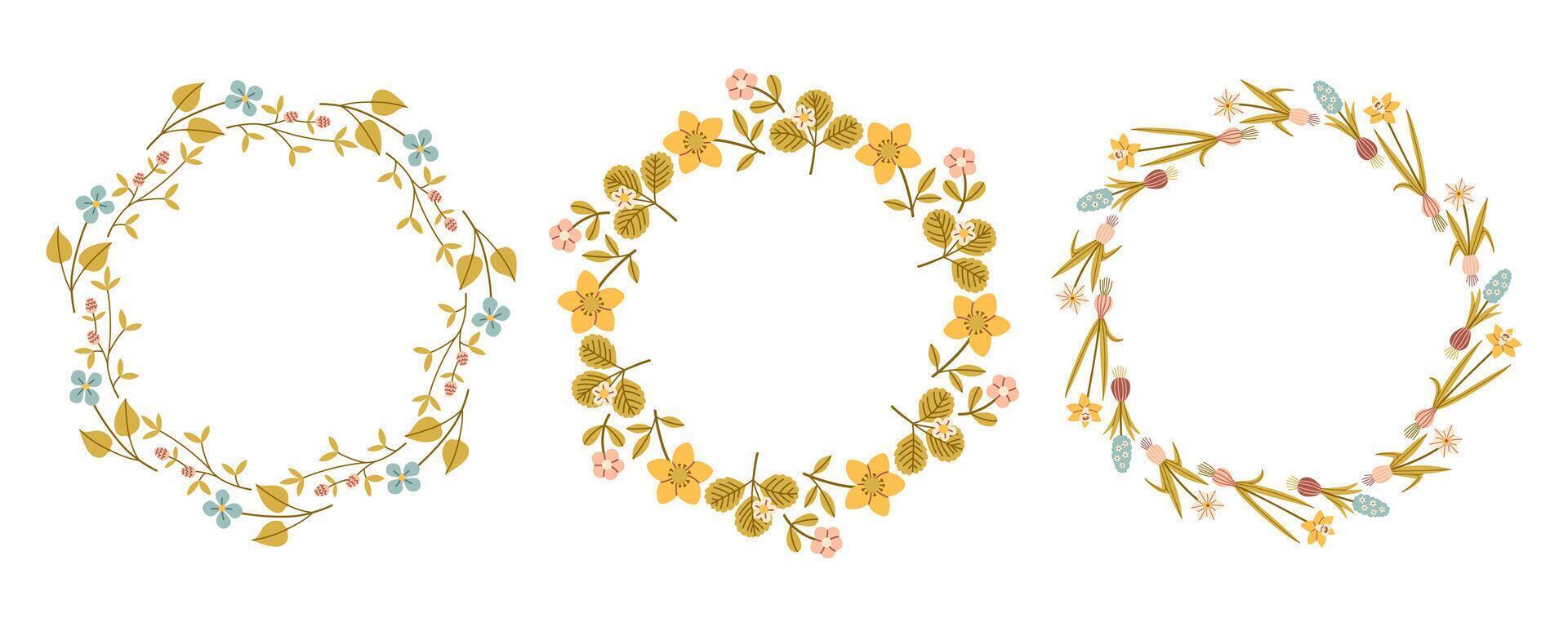Cute spring flower circle frame set. Floral circle frame. Hand drawn botanical round border, laurel, wreath with branches, leaves and flowers illustration for wedding invitation, card, logo vector