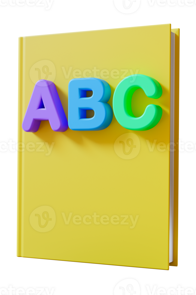 Brightly colored primary school book showcases ABC letters, perfect for young learners to engage with letters and enhance early literacy skills. On transparent background, front view. 3D render. png