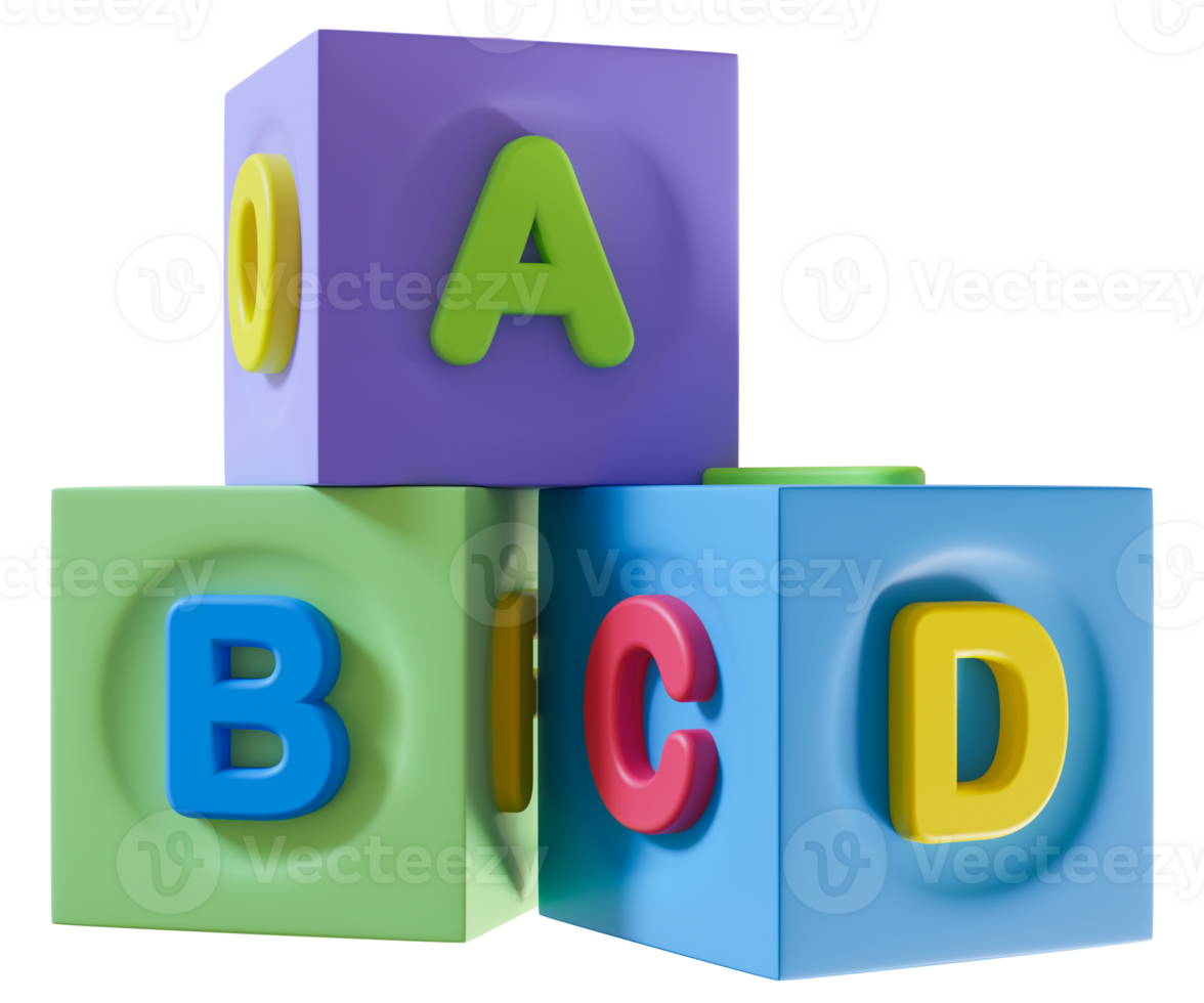 Colorful cubes with letters, designed for early childhood education, fostering learning through play. Ideal for children to recognize letters, enhance motor skills. On transparent background. 3D. png