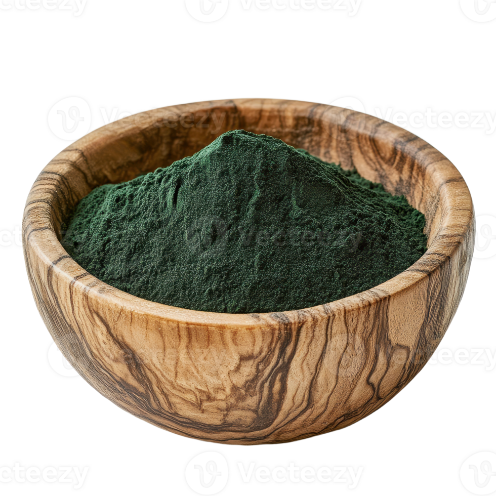 Vibrant green powder fills a rustic wooden bowl against a stark backdrop Earthy texture meets health in this simple still life png