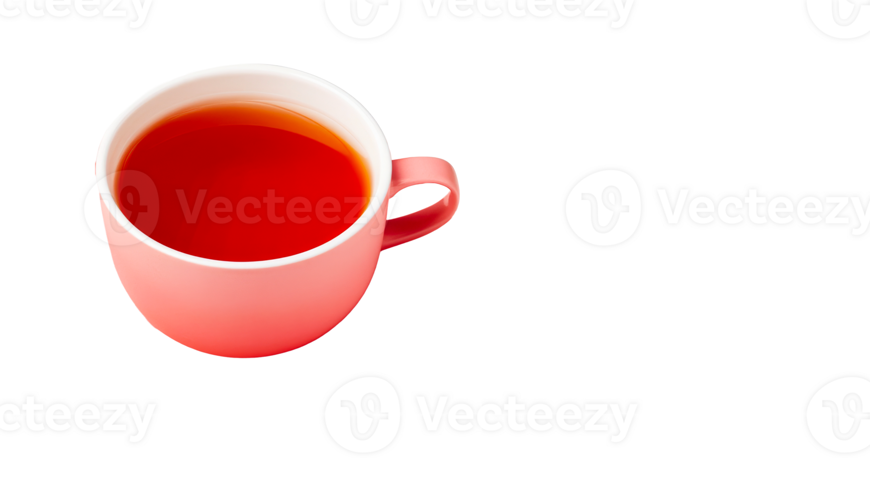 Cup of tea with tea, in pink cup on black background, cut out transparent png