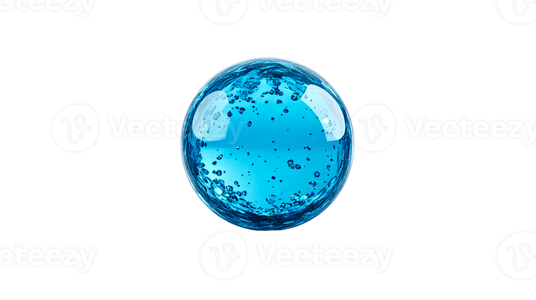 Blue water sphere with bubbles isolated on black, cut out transparent png