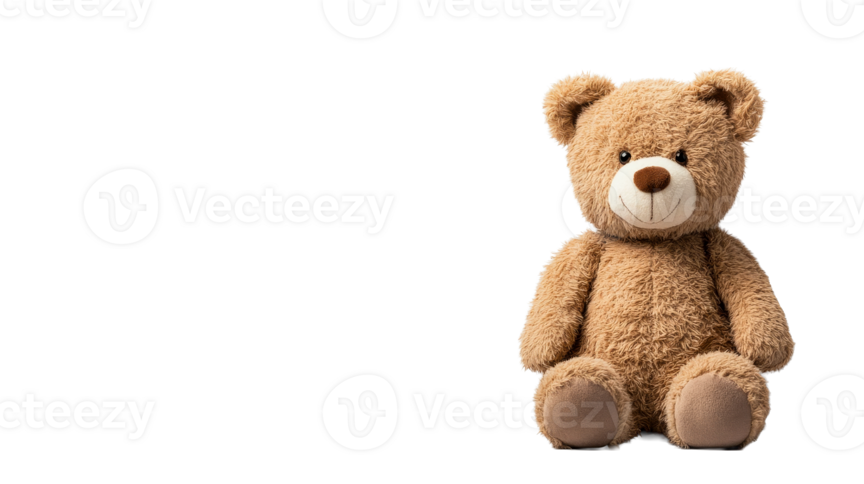 Cute fluffy teddy bear toy, seated, isolated on black background, cut out transparent png