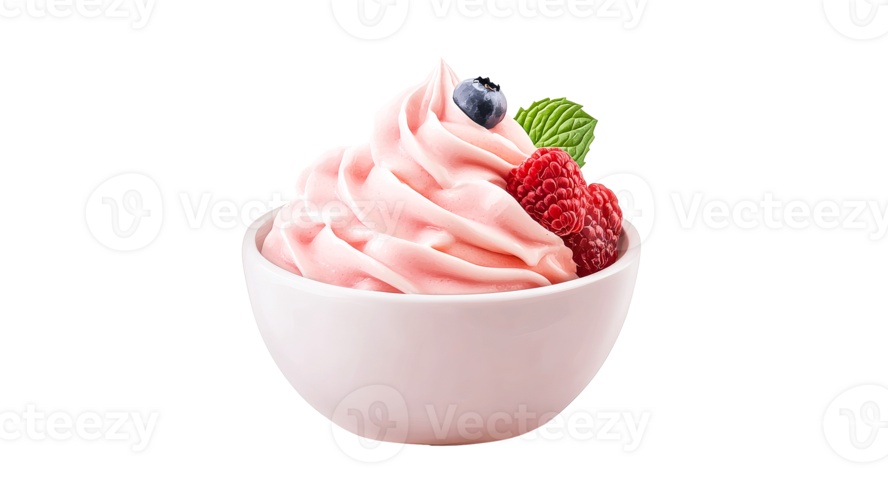 Pink ice cream with raspberry and blueberry topping in bowl, cut out transparent png