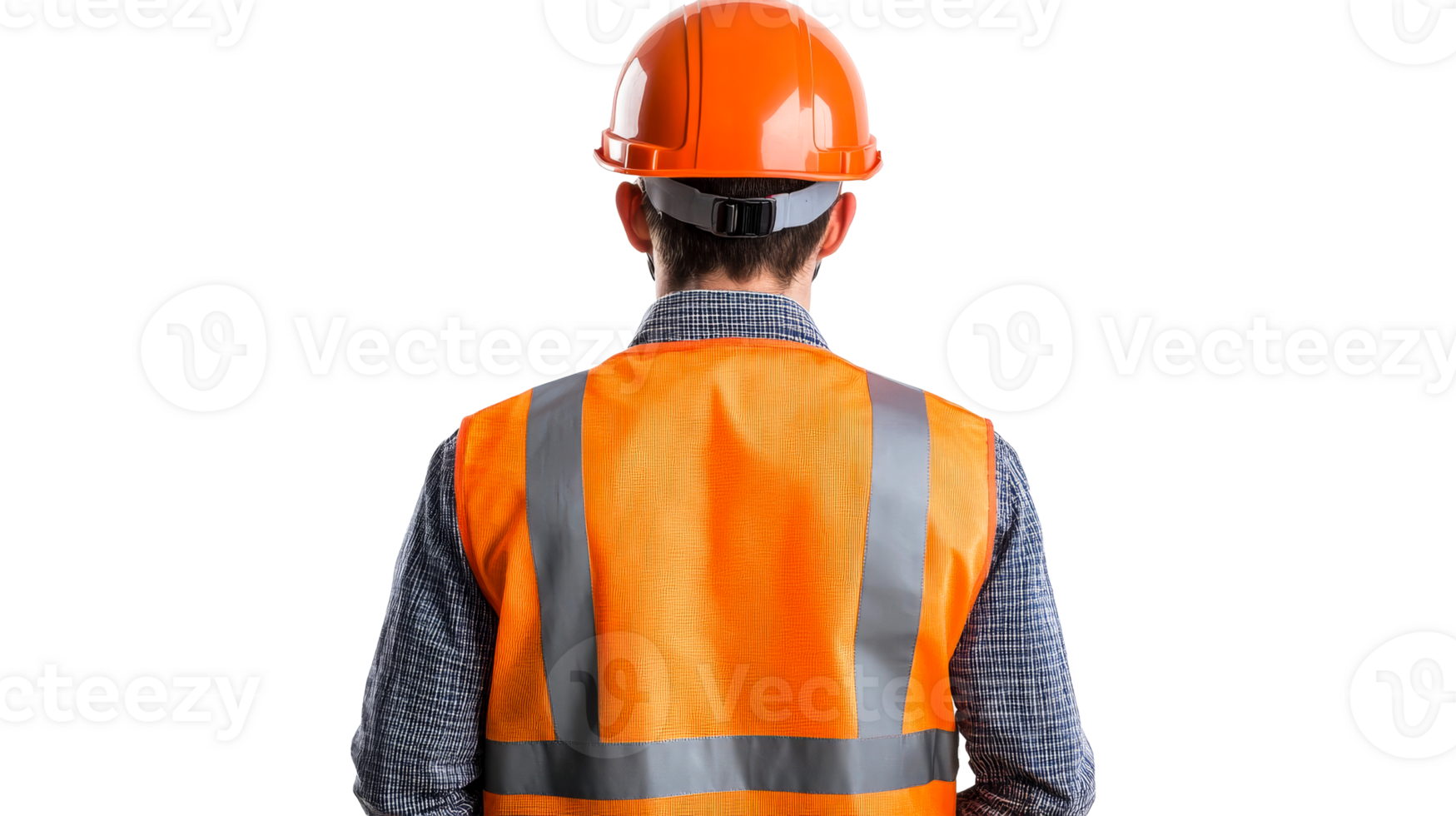 Back view of construction worker in hard hat and safety vest, cut out transparent png
