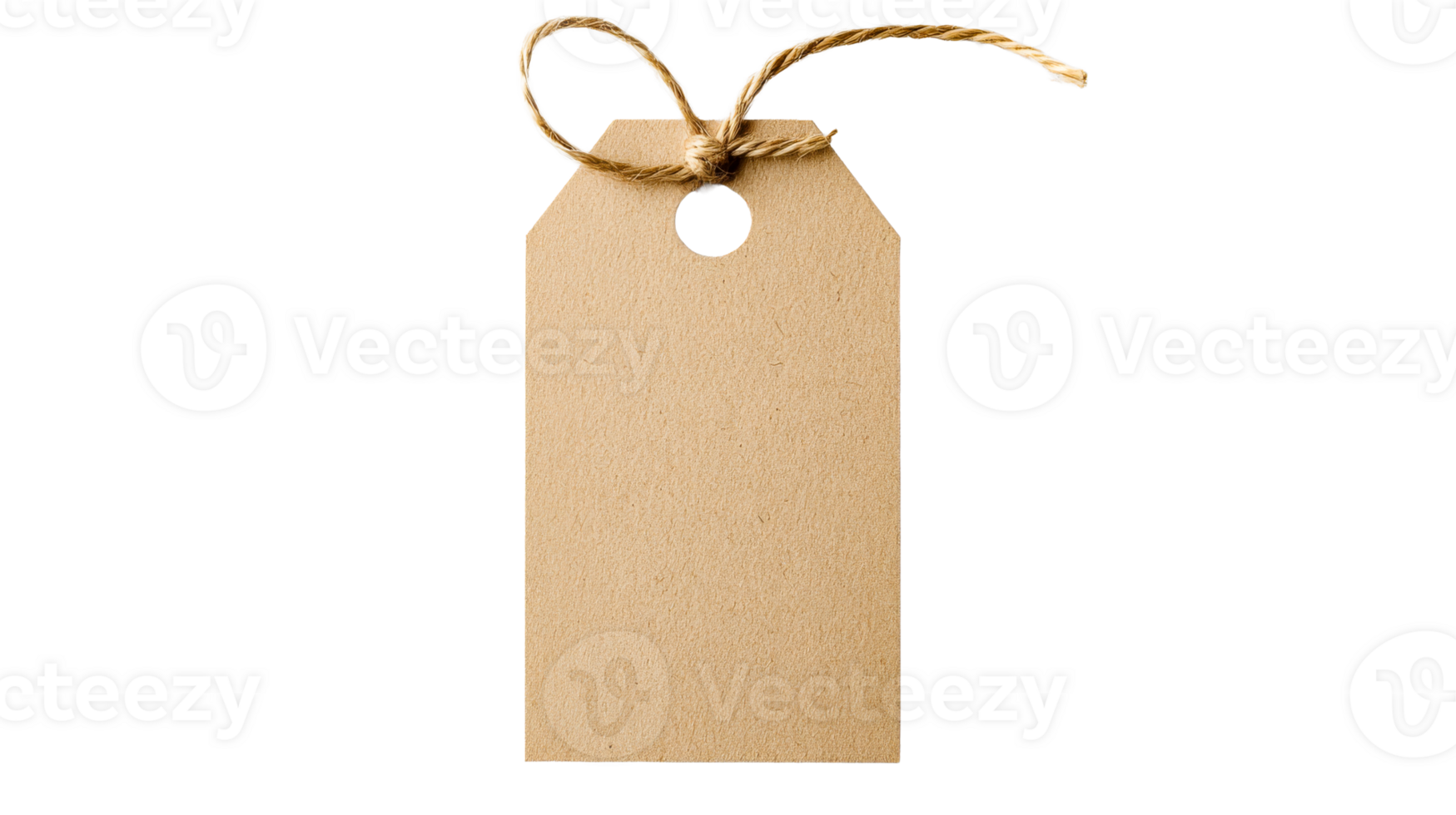 Blank brown paper label with string on black background, cut out transparent png