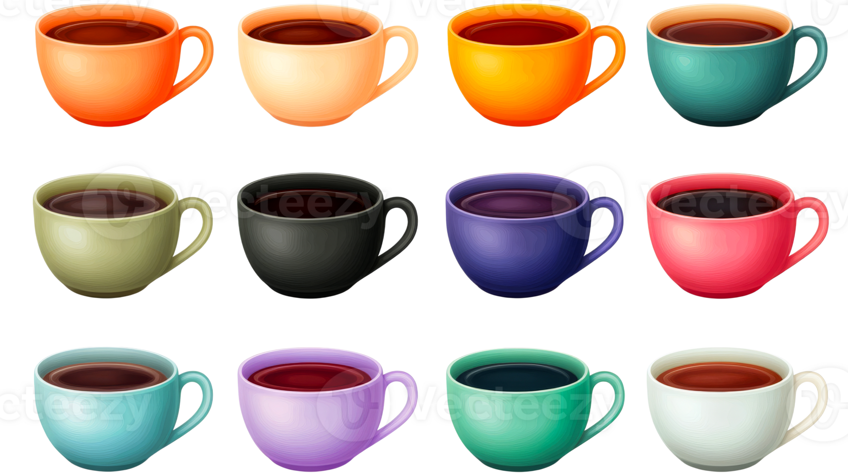 Rows of Colorful Coffee Cups Illustration on Black Background, cut out transparent png