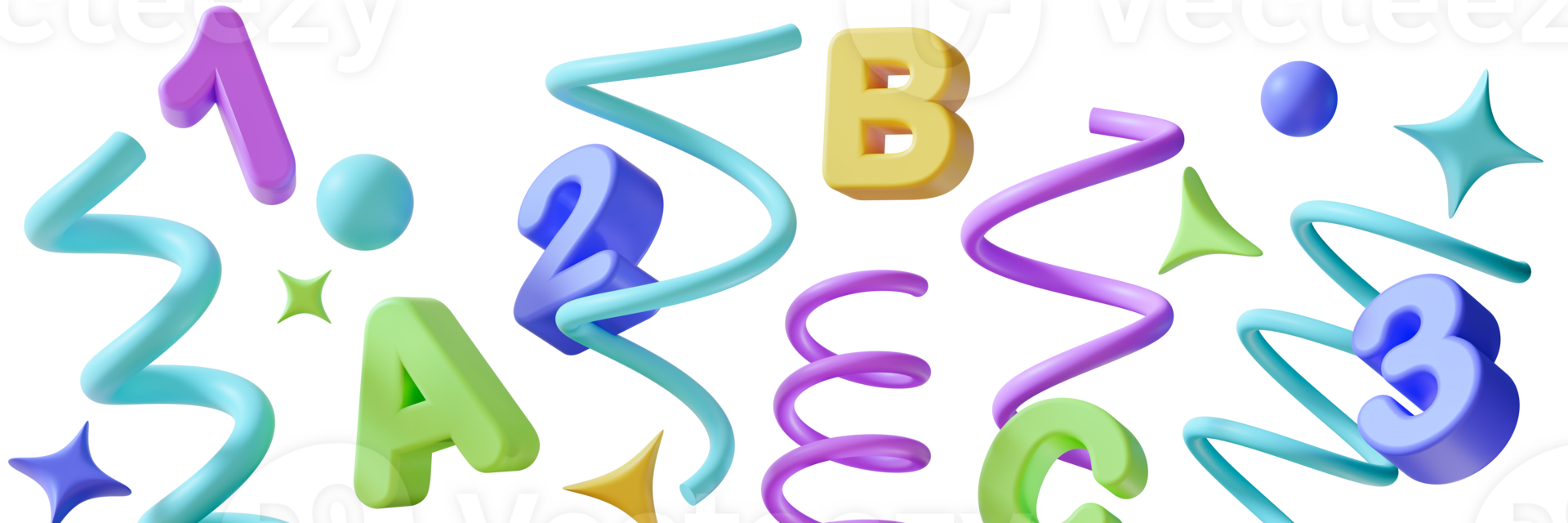 Vibrant footer displays letters A, B, C and numbers 1, 2, 3, styled with playful shapes and colors. Primary school educational design. Bottom element, isolated on transparent background. 3D render. png