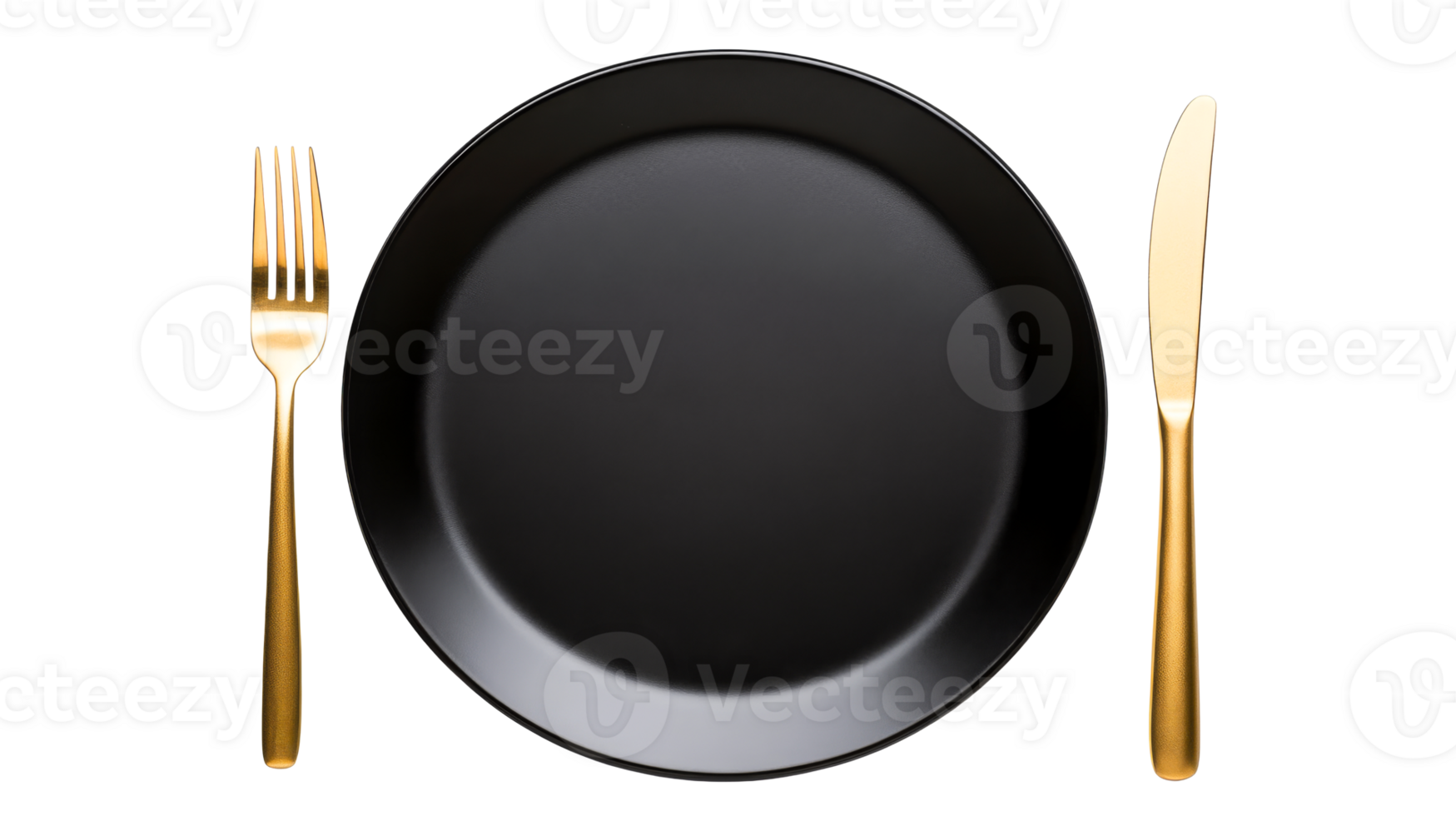 Black dinner plate with golden knife and fork, cut out transparent png