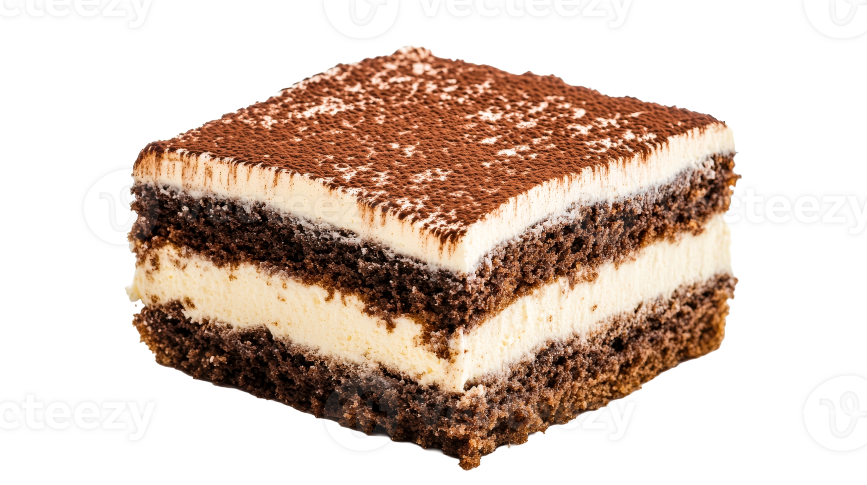 Tiramisu cake with cocoa powder on top, cut out transparent png