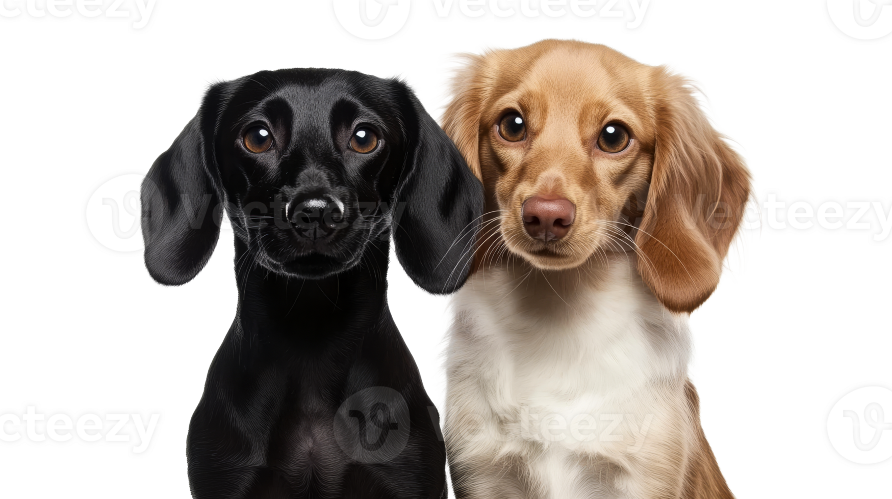 Two adorable puppies posing, black and golden, studio pet portrait, cut out transparent png