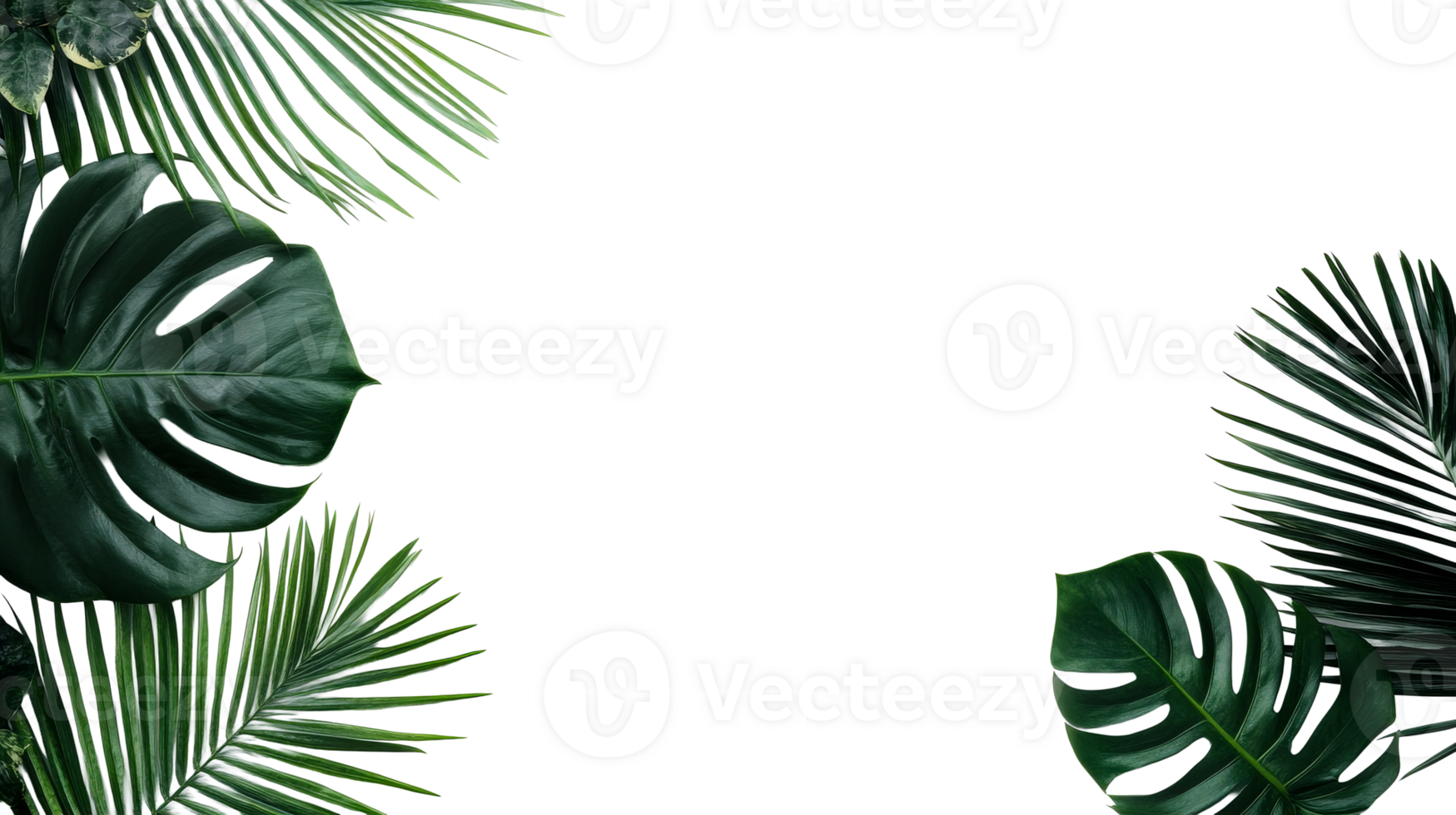 Tropical plants on black background, palm leaves, monstera, cut out transparent png