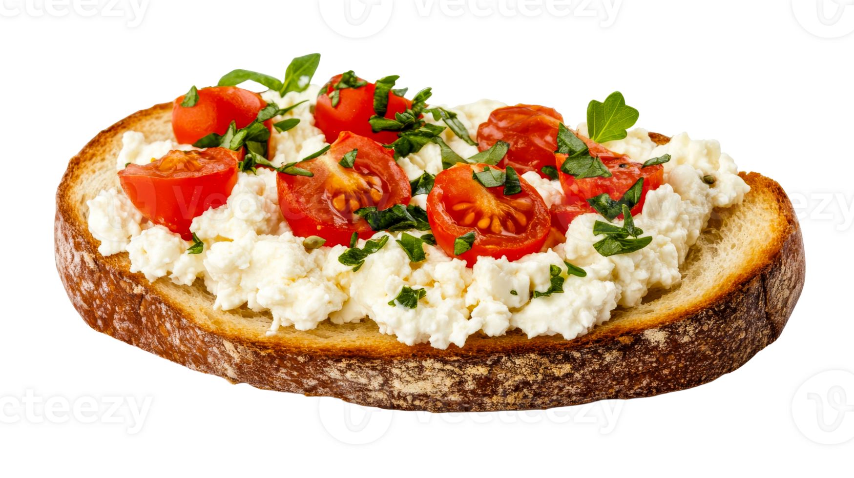 Bruschetta with tomatoes and ricotta cheese, cut out transparent png