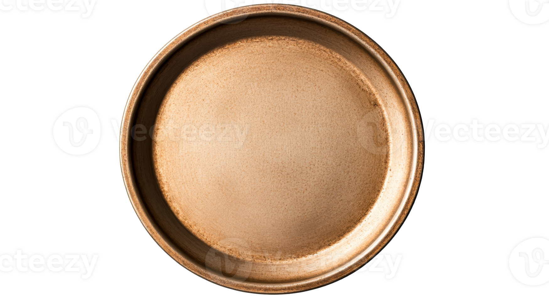 Top-down view of empty gold plate on black background, cut out transparent png