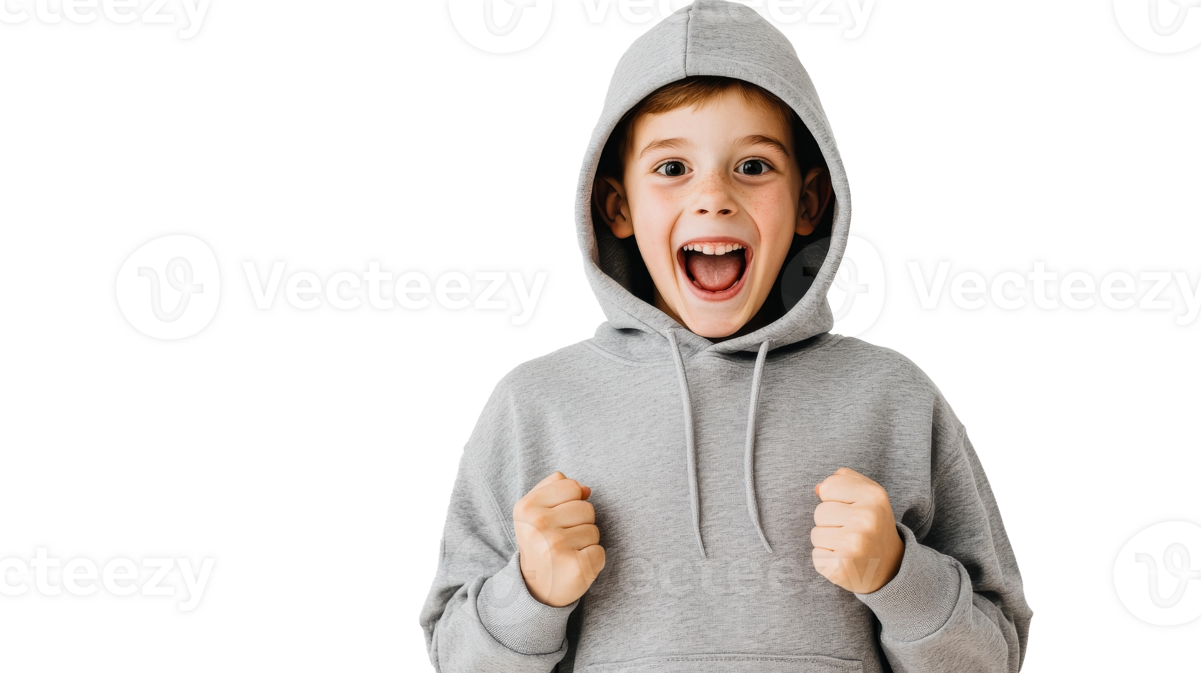 Excited child in hoodie cheering with fists, cut out transparent png