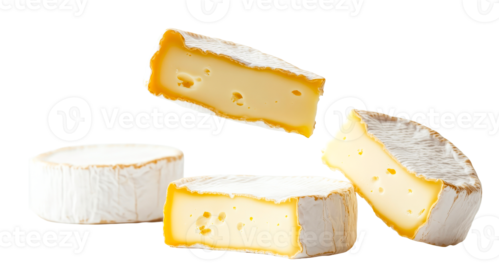 Soft cheese varieties arrangement against black background, cut out transparent png