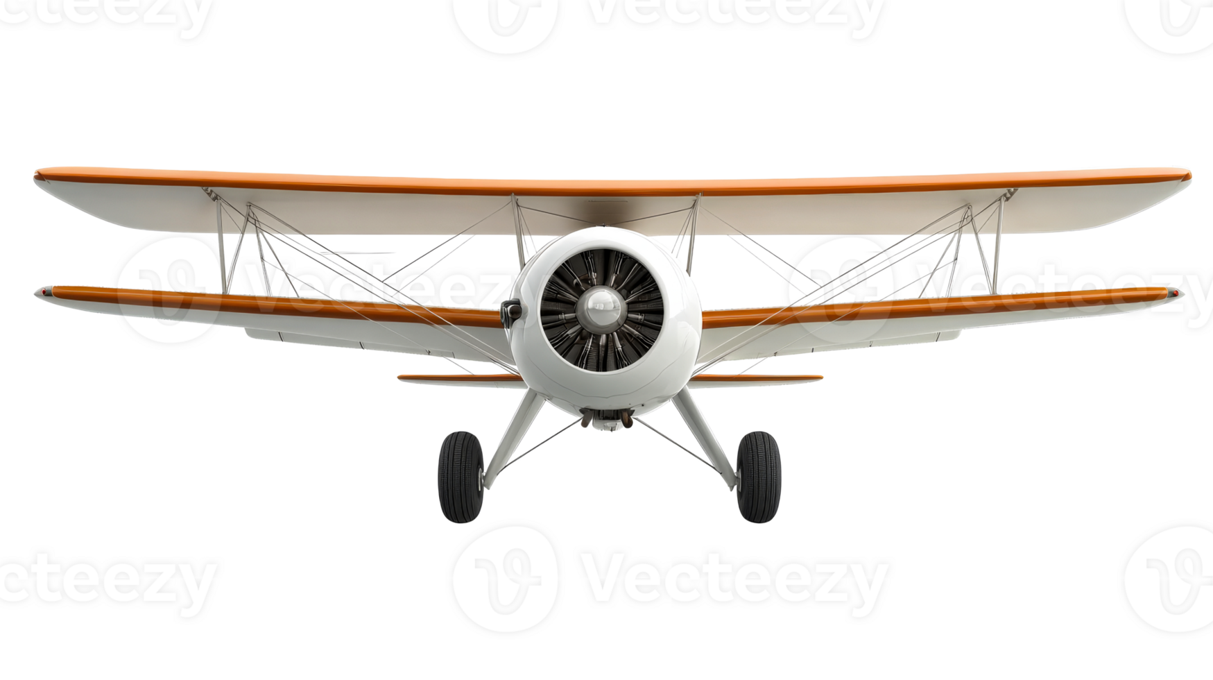 Biplane with visible engine and struts, front view, cut out transparent png