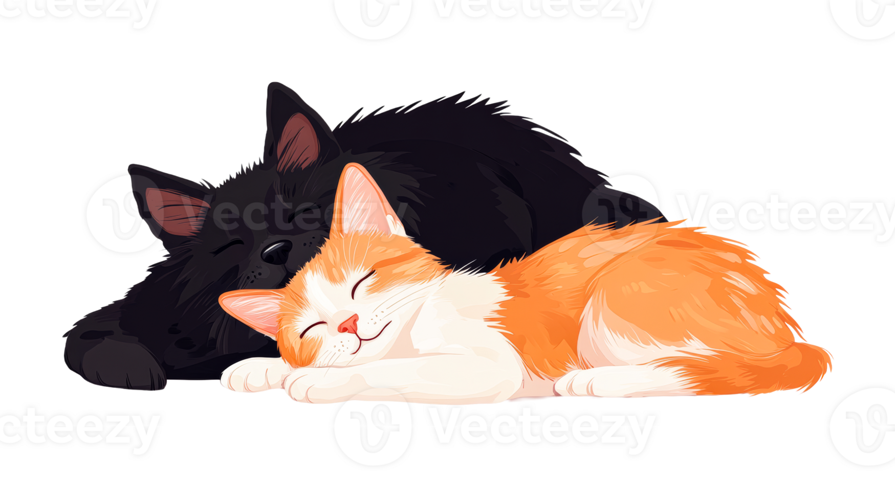 Sleeping cat and dog, animals friendship, cartoon illustration, cut out transparent png