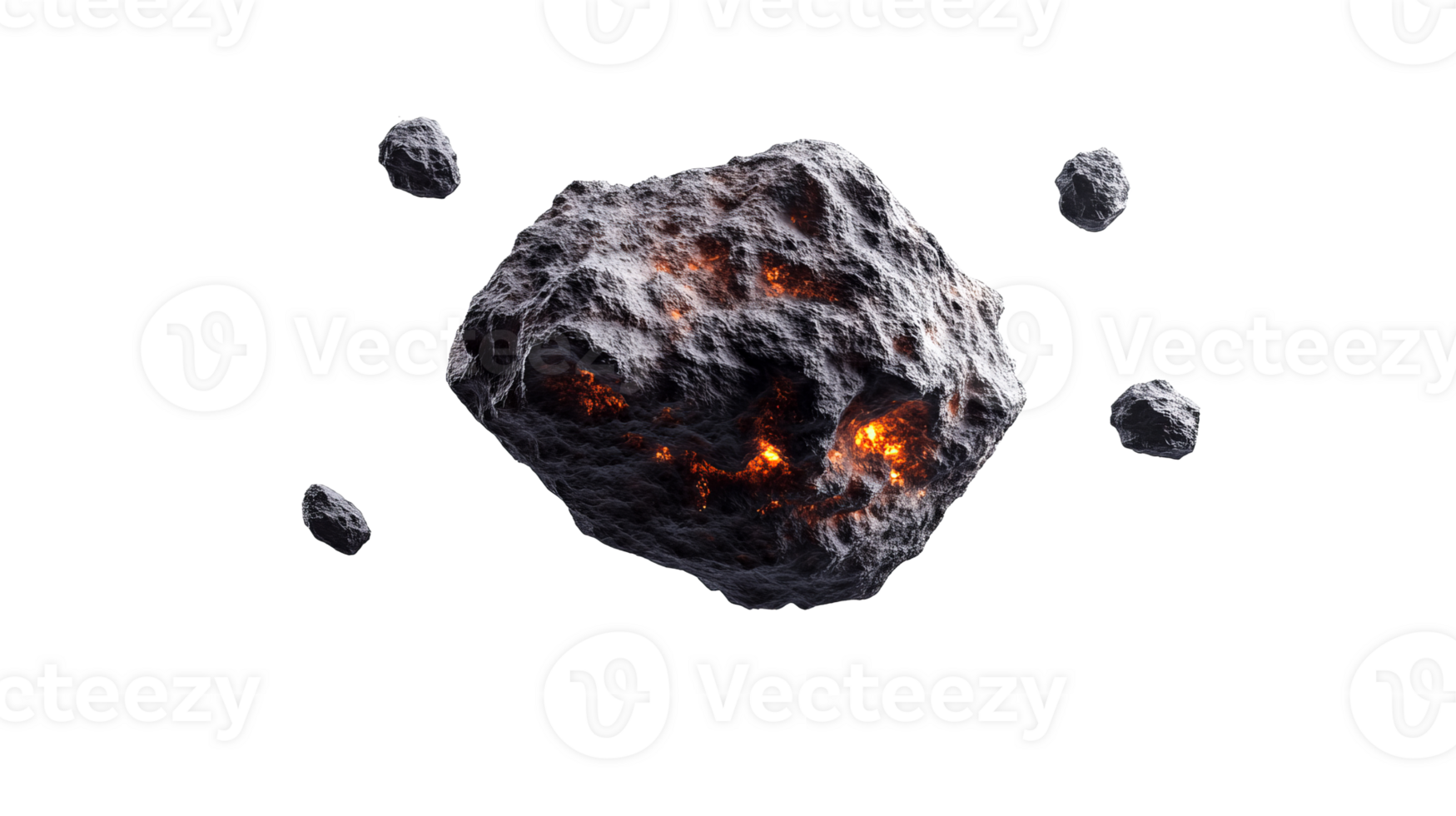 Asteroid Field with Molten Core in Deep Space, cut out transparent png
