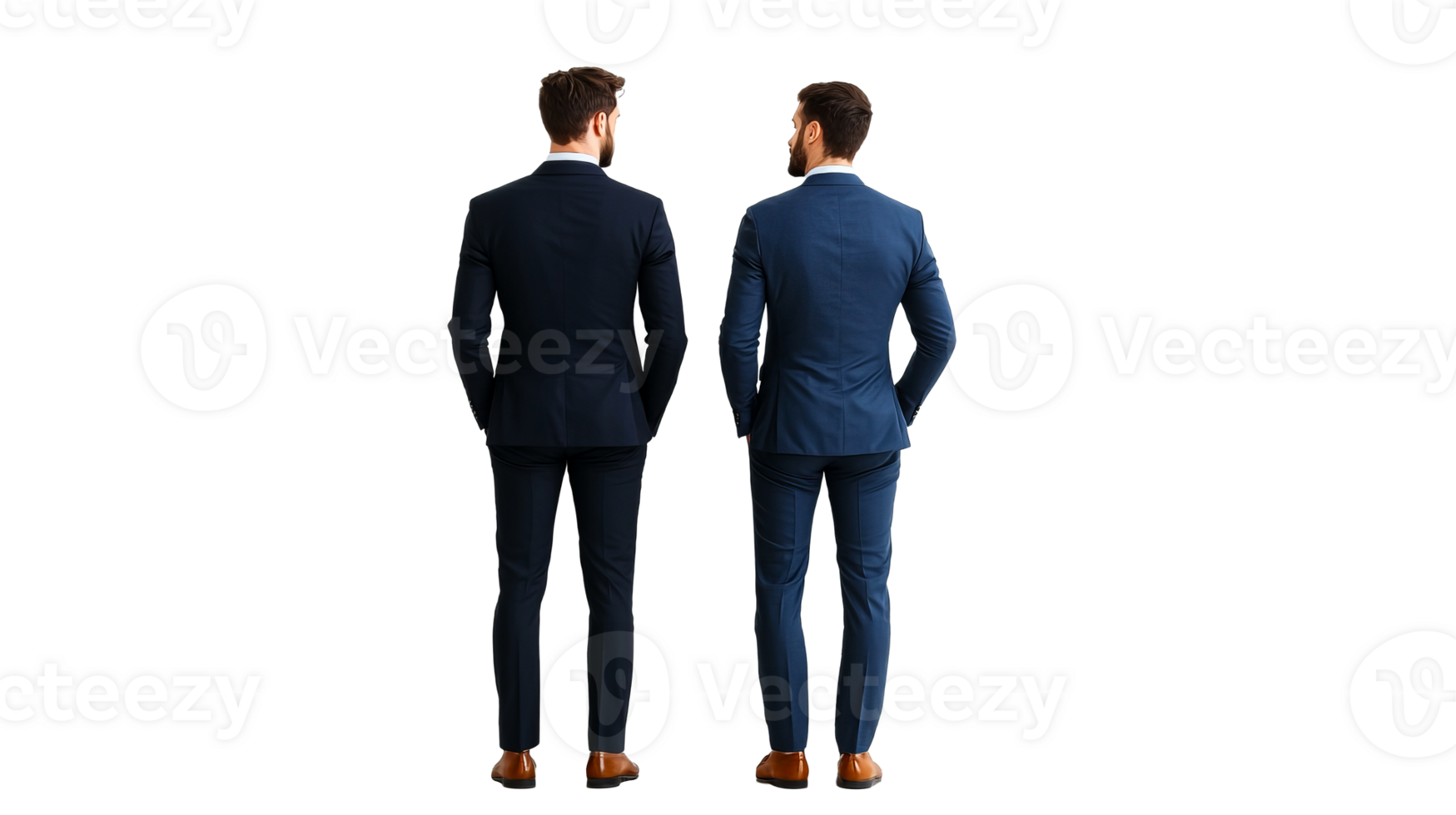Two men in suits face away, elegant formal attire, cut out transparent png