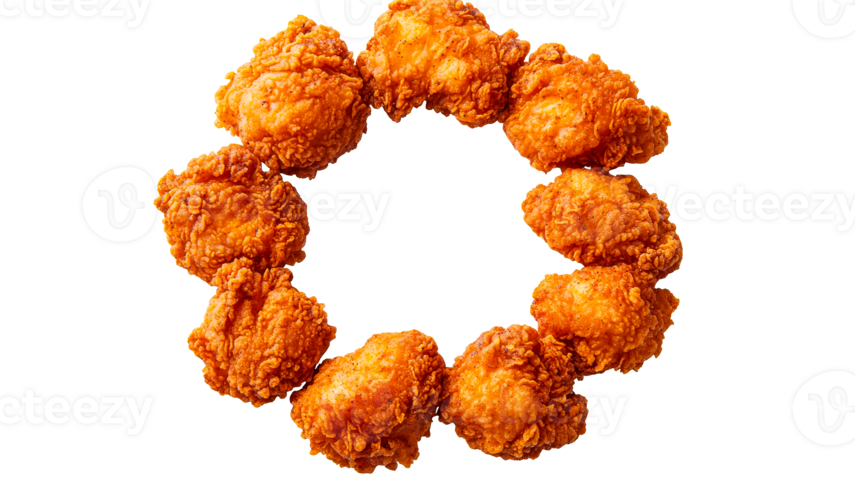 Fried golden chicken pieces arranged in circle, cut out transparent png