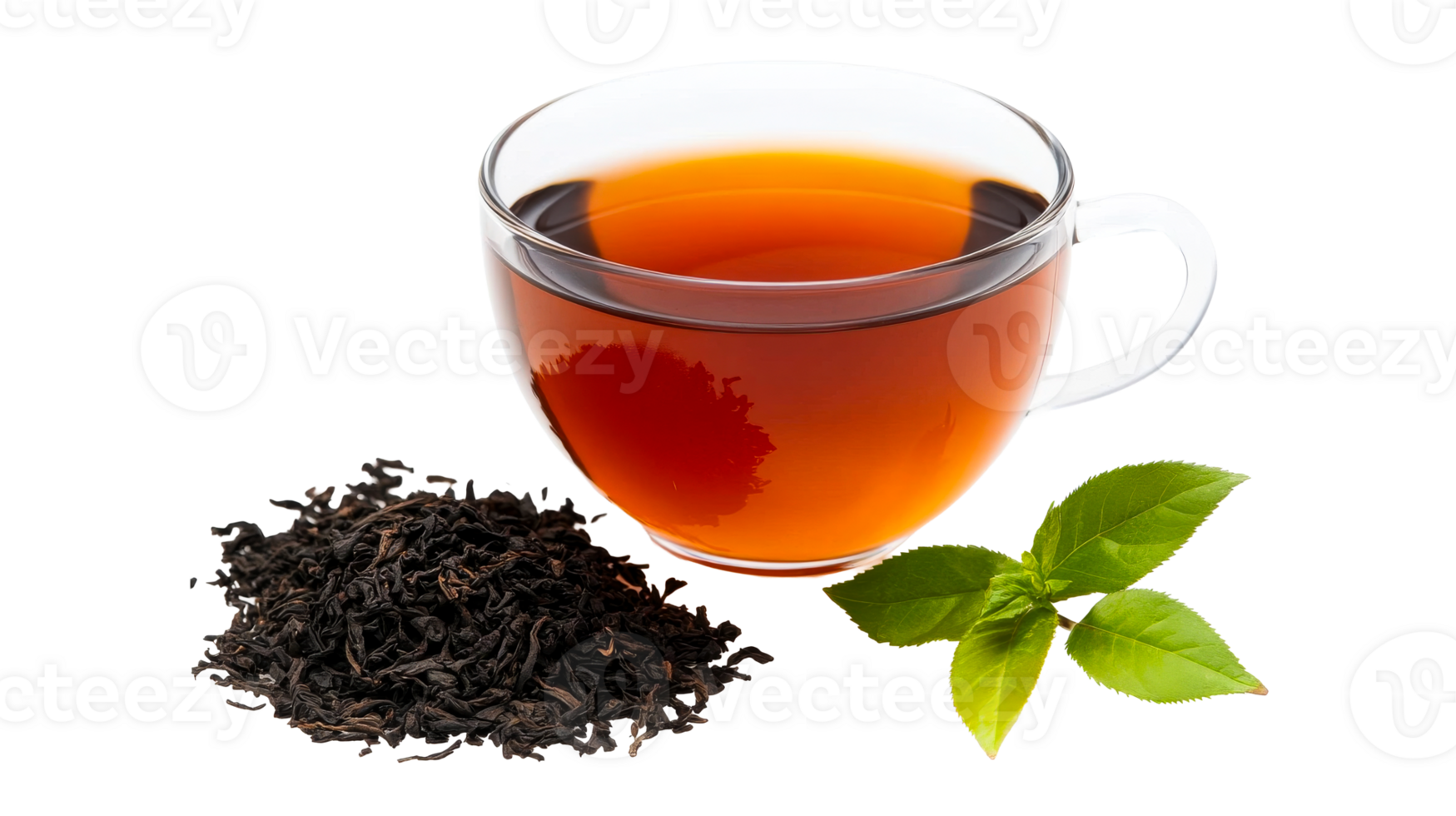 Glass cup full of tea with tea leaves and mint, cut out transparent png