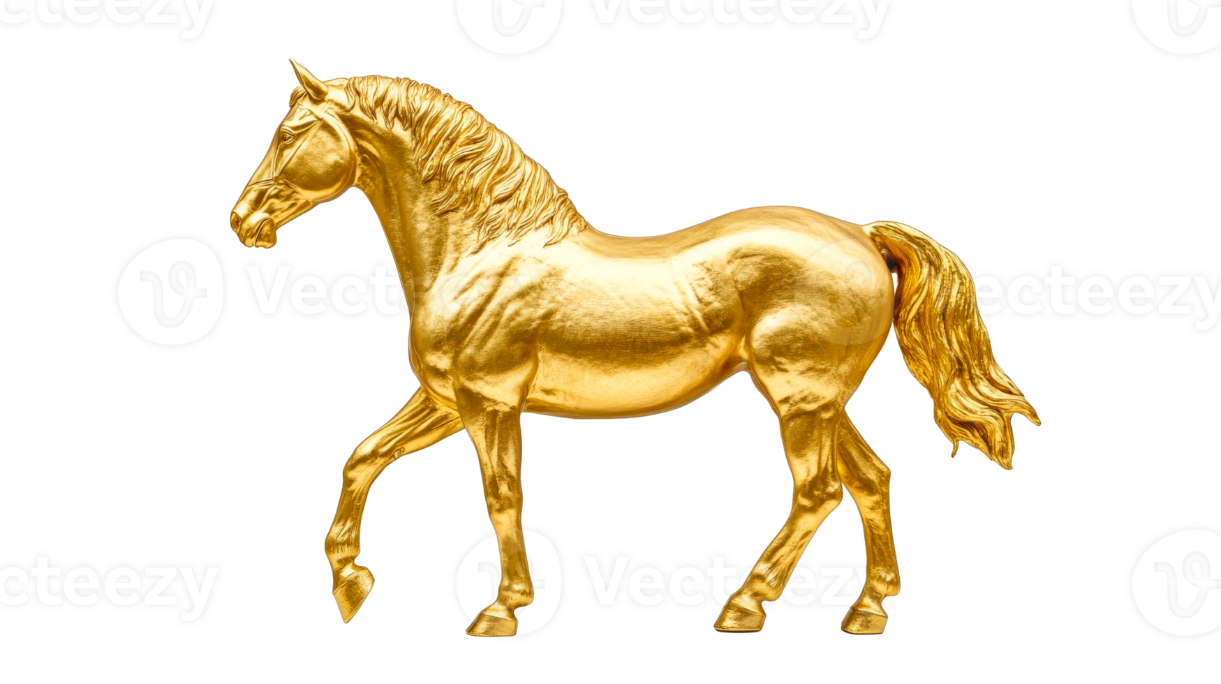 Golden horse statue profile, elegant equine, animal, art object, cut out transparent png