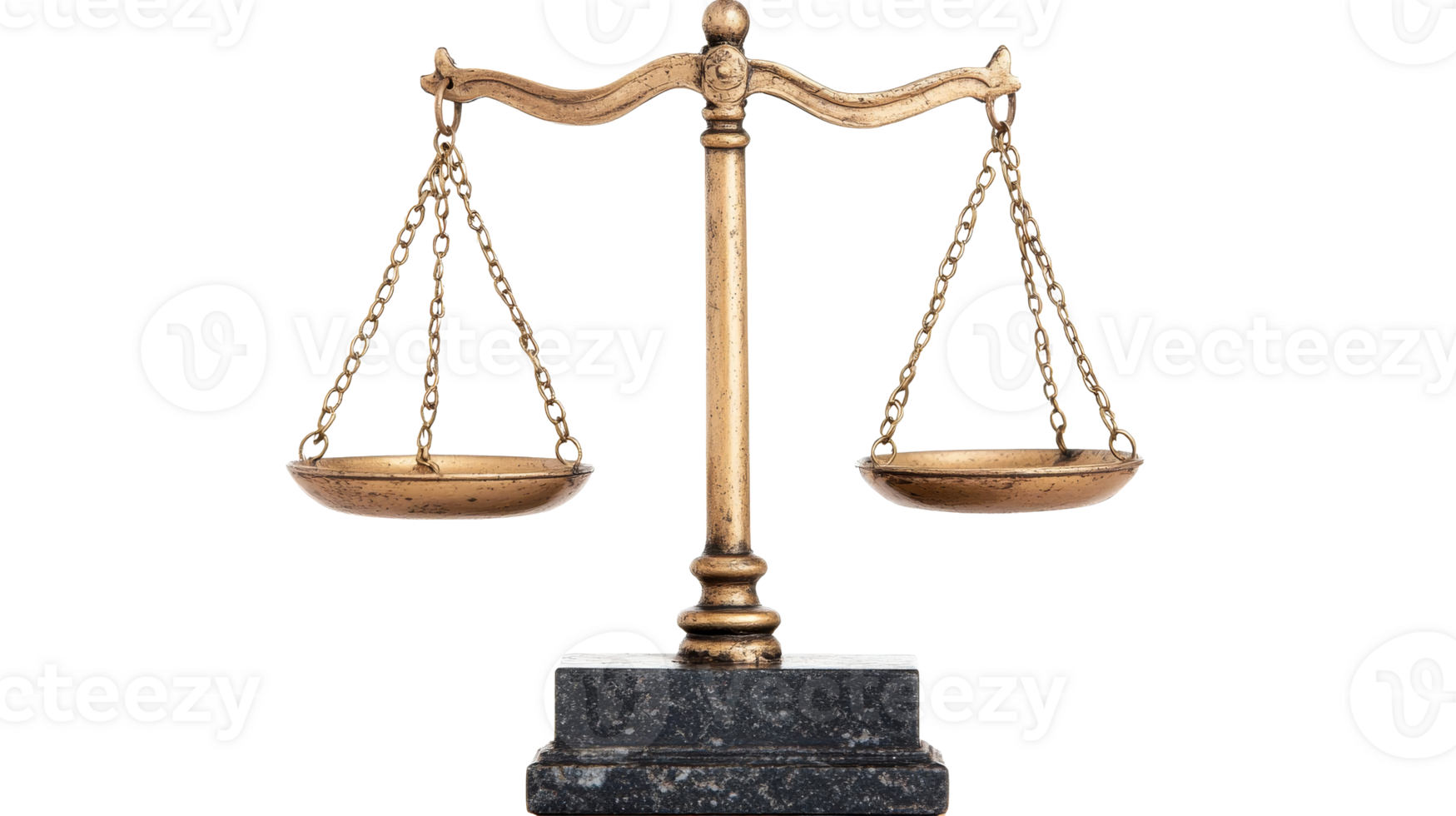 Antique scales of justice isolated on black background, cut out transparent png