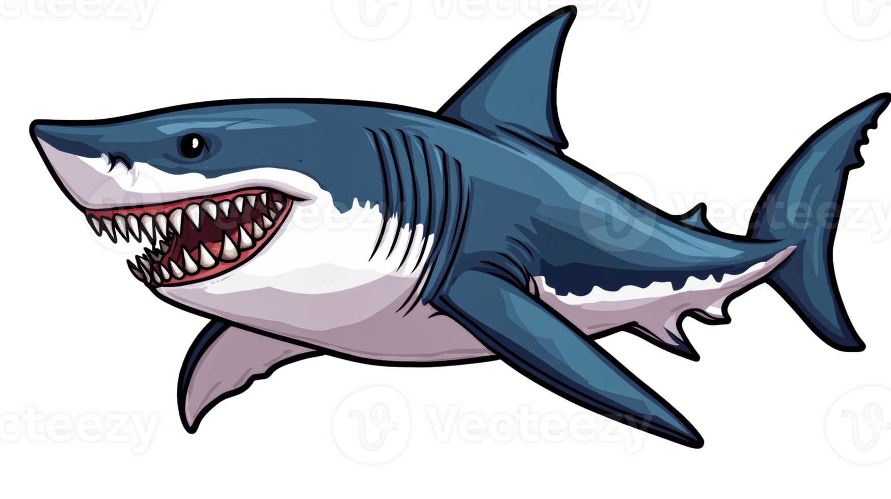 Cartoon shark with open mouth and many teeth, cut out transparent png