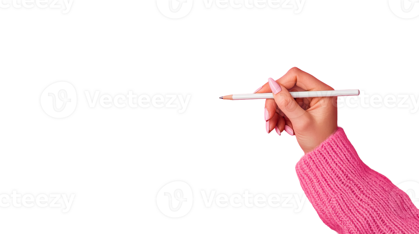 Hand in sweater holds white pencil, light pink manicure, cut out transparent png