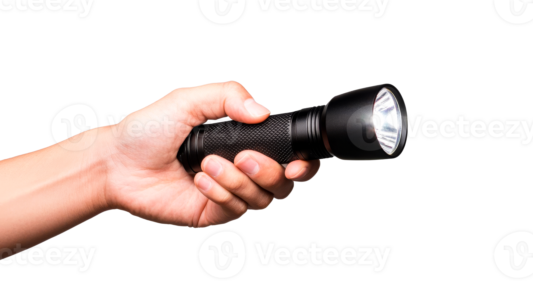 Hand holding lit black flashlight on black background, cut out transparent png