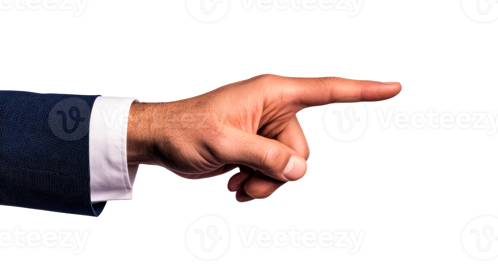 Hand pointing gesture in suit, direction indication, cut out transparent png