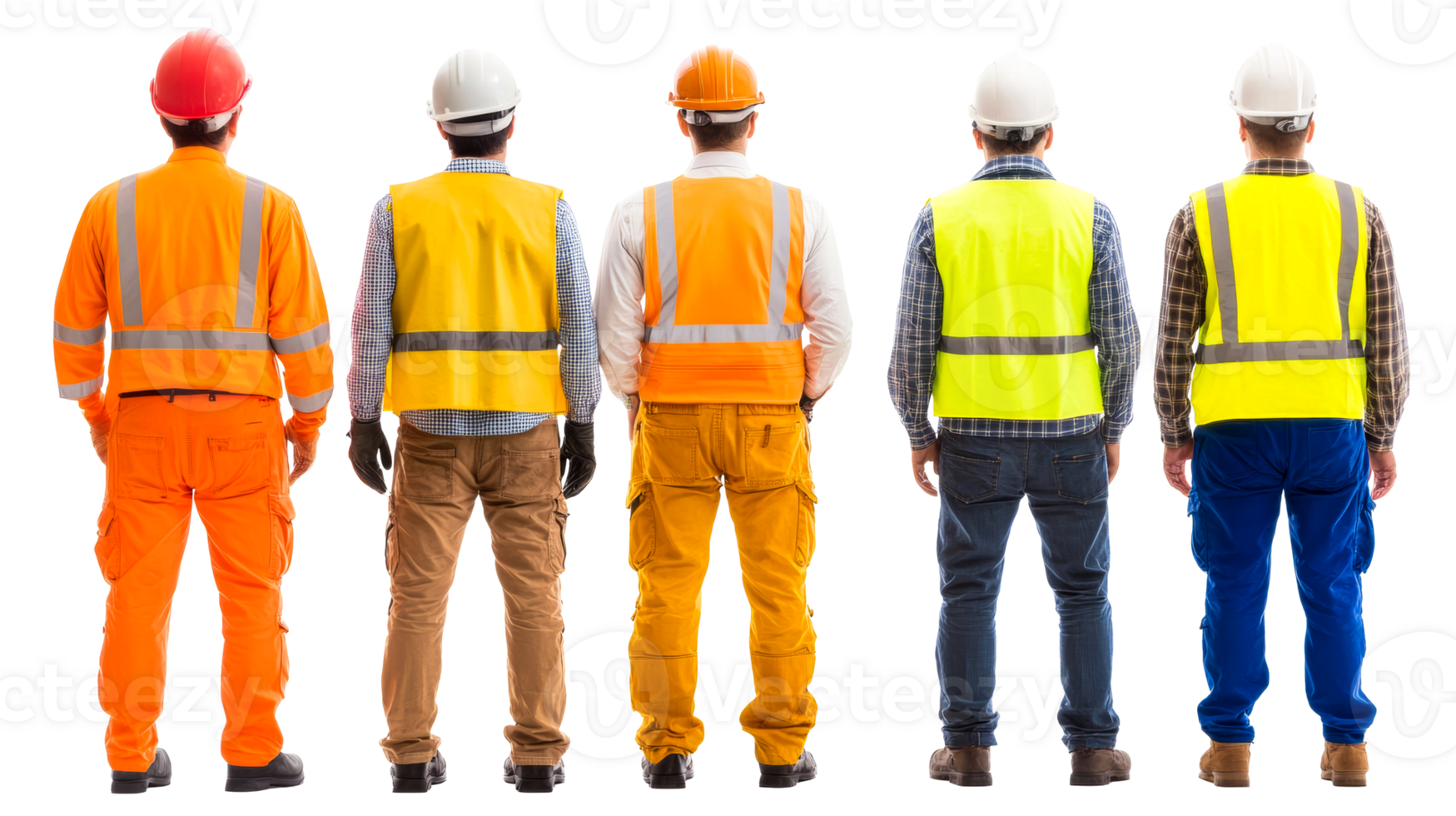 Back view workers in uniforms and helmets standing, cut out transparent png