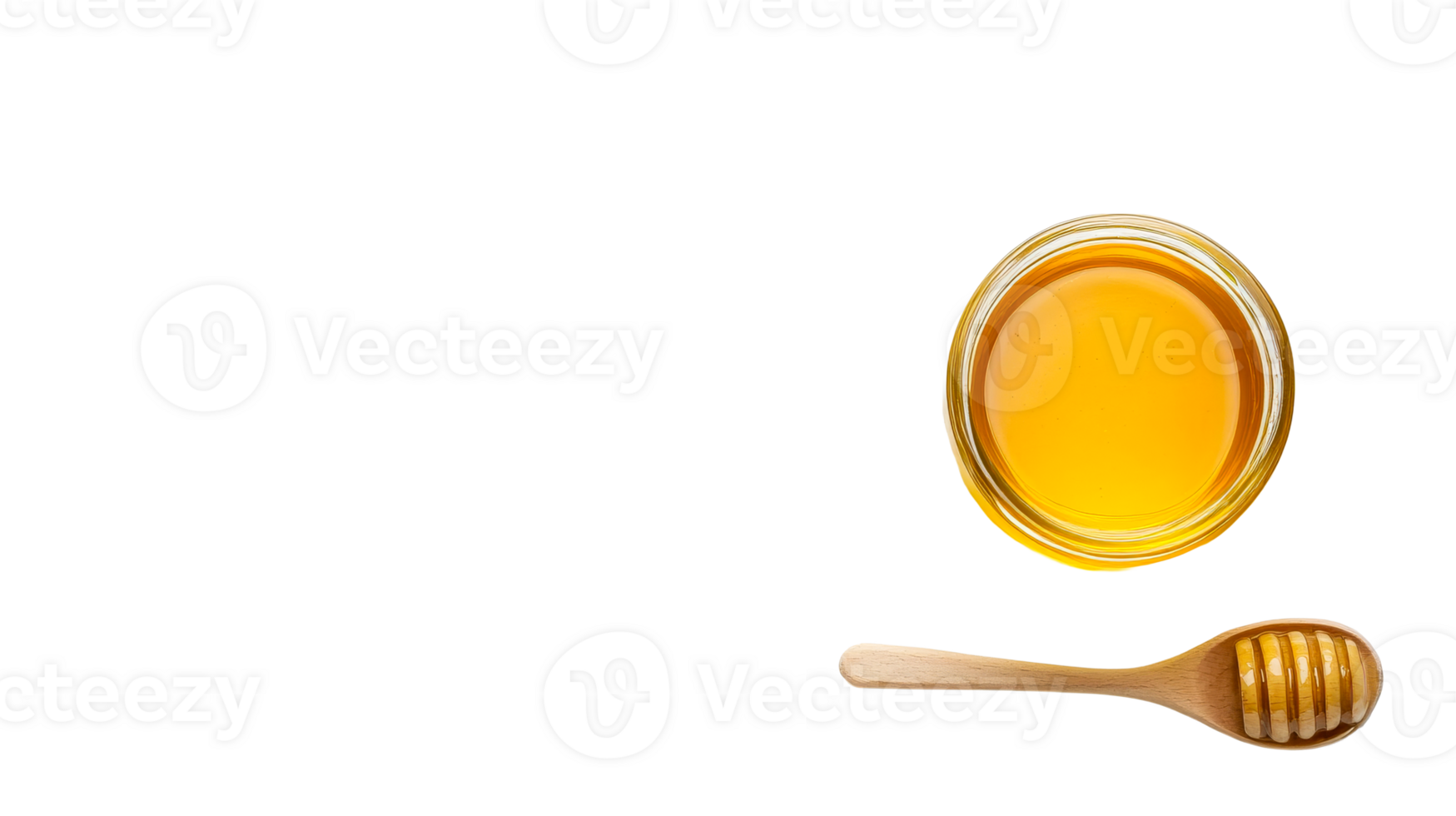 Honeycomb filling, wooden spoon, glass jar, yellow food, top view, cut out transparent png